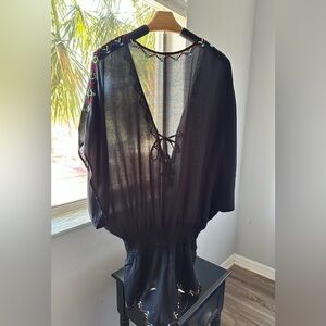 Sheer Black V-Neck Embroidered Sleeve Beach short